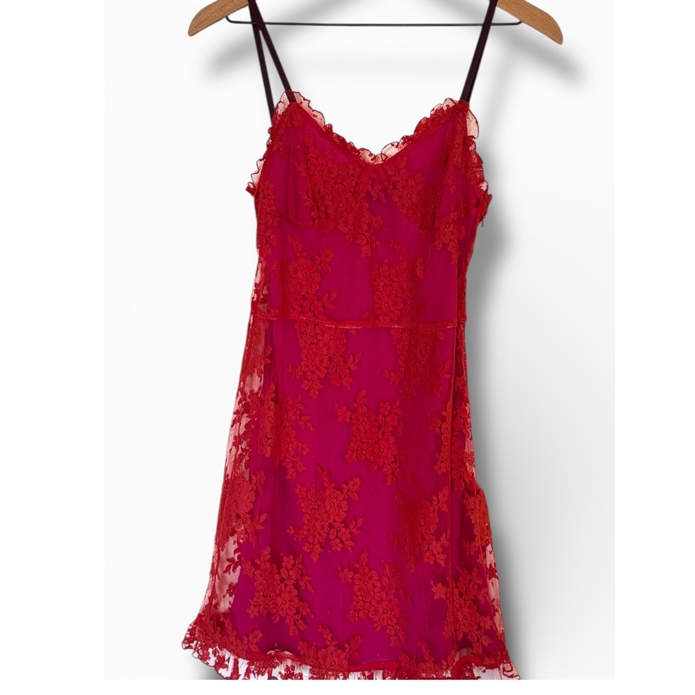 Tibi Vintage Pink Red Lace Mini Slip Dress Size 4 Sheer Floral Y2K 00s Valentine